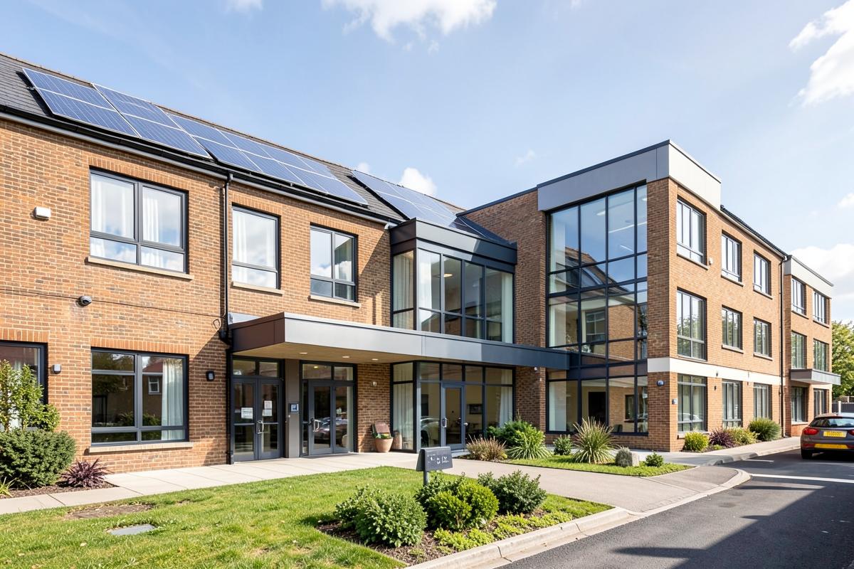 A commercial building with rooftop solar and upgraded glazing