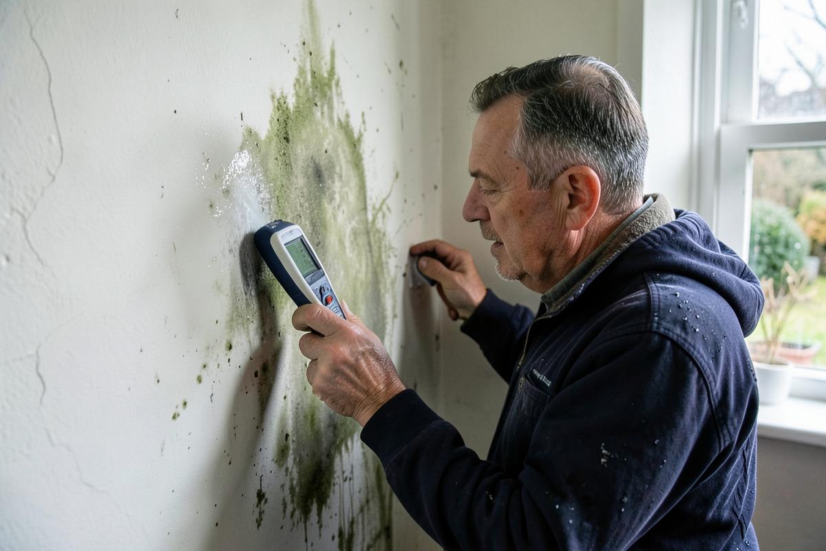 A specialist checking a wall with a moisture meter