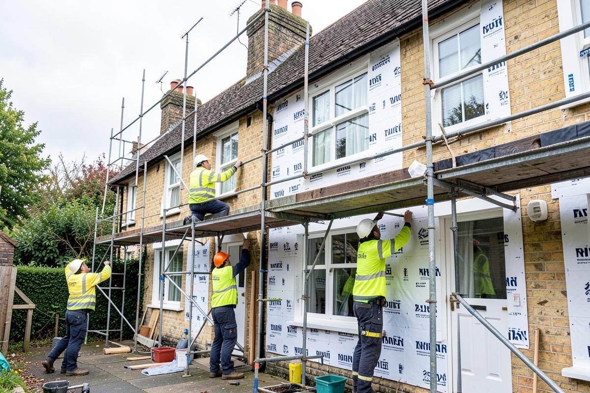 Installers fitting external wall insulation from scaffold