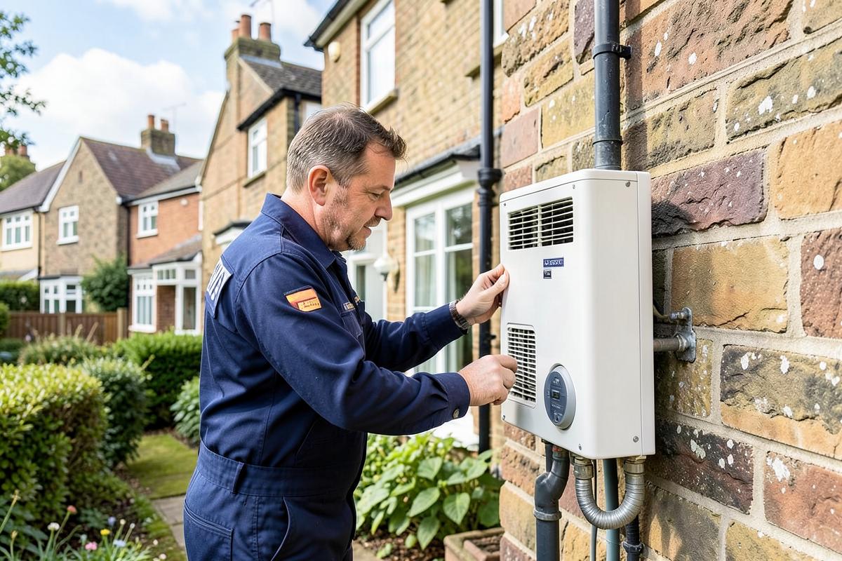 An engineer commissioning an air source heat pump