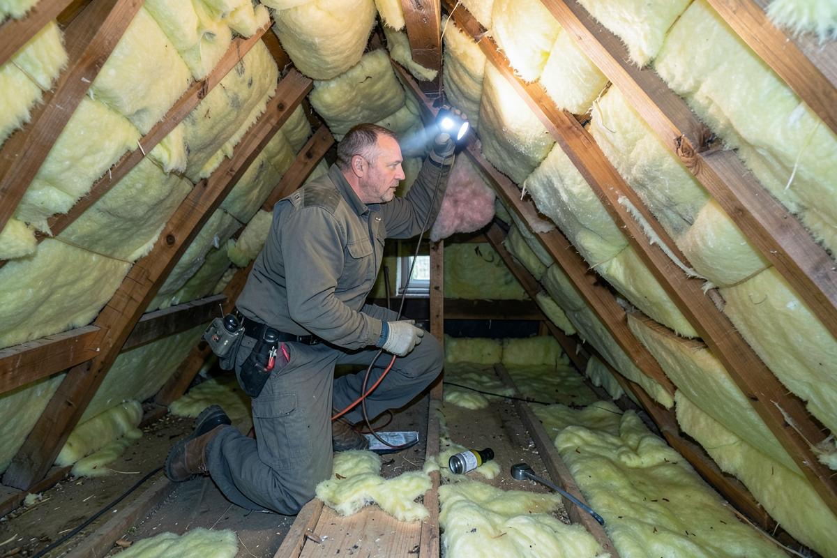 Loft insulation being installed between joists