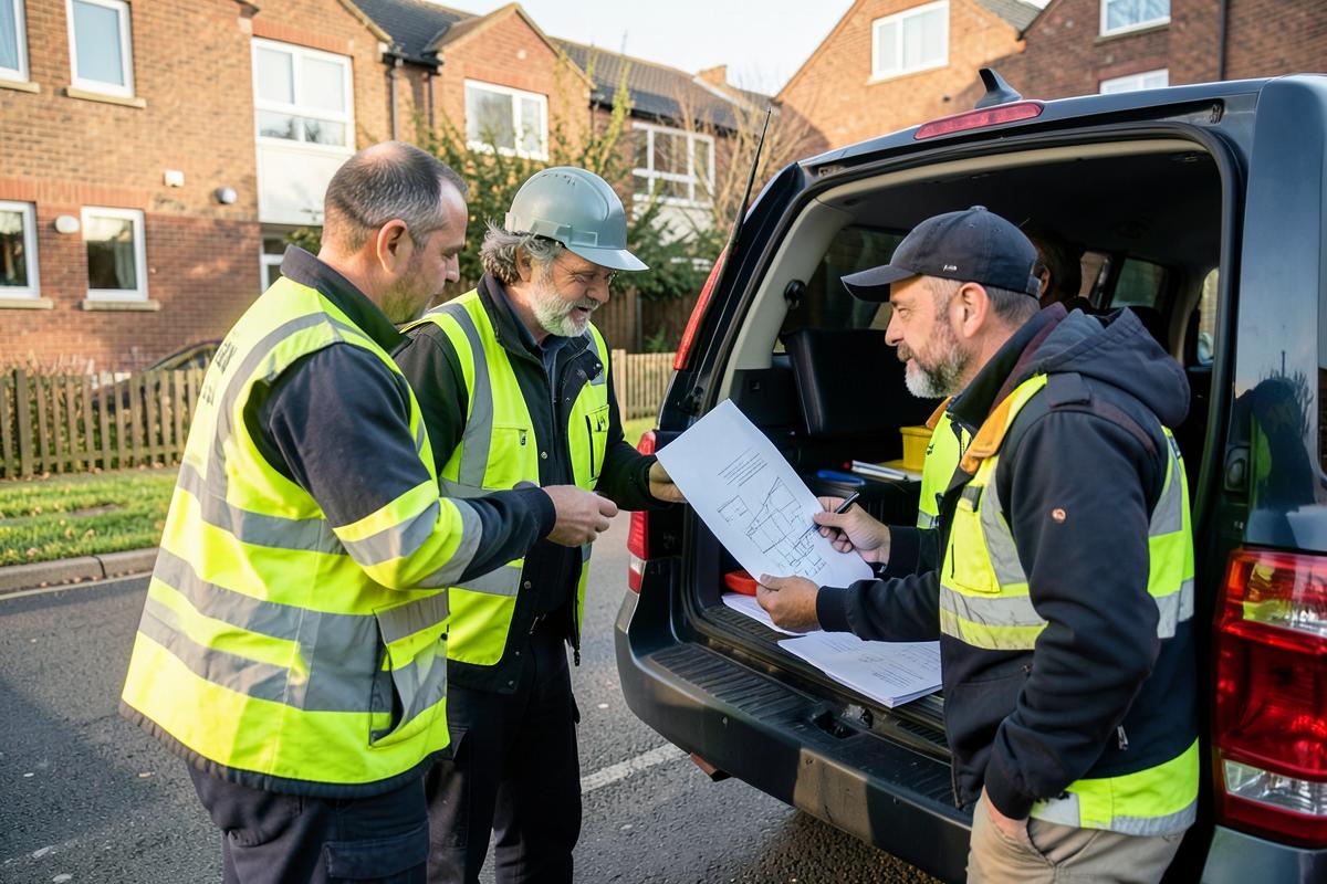A site manager briefing the crew outside housing