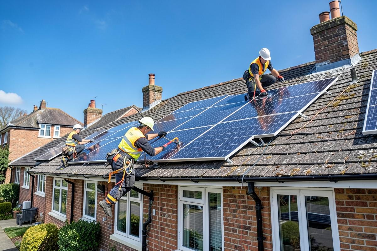 Solar panels being fitted to a house roof