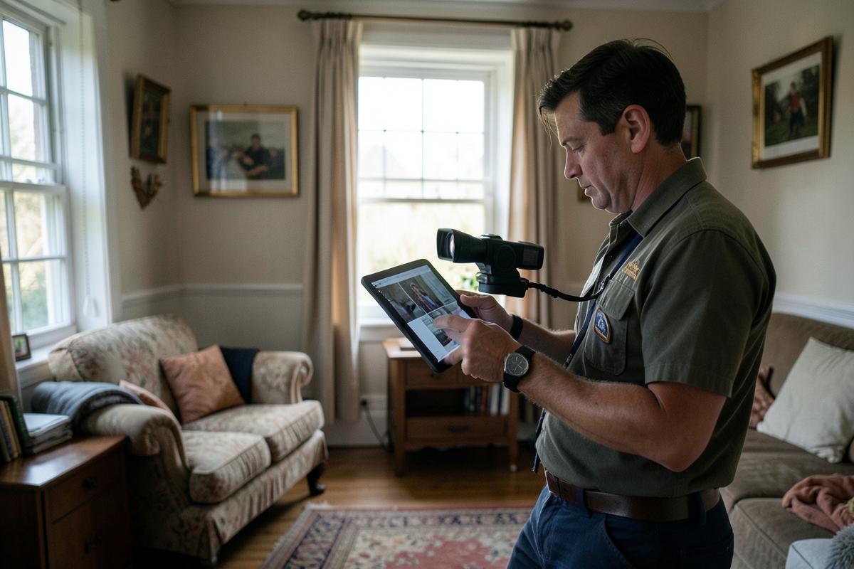 A retrofit assessor surveying an occupied home with a thermal camera
