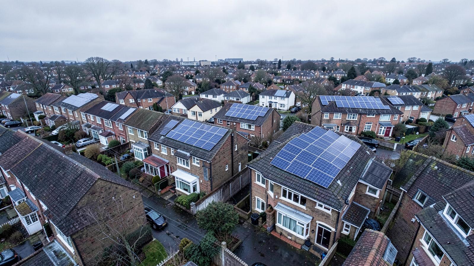 Aerial view of a housing estate with solar panels installed across multiple roofs